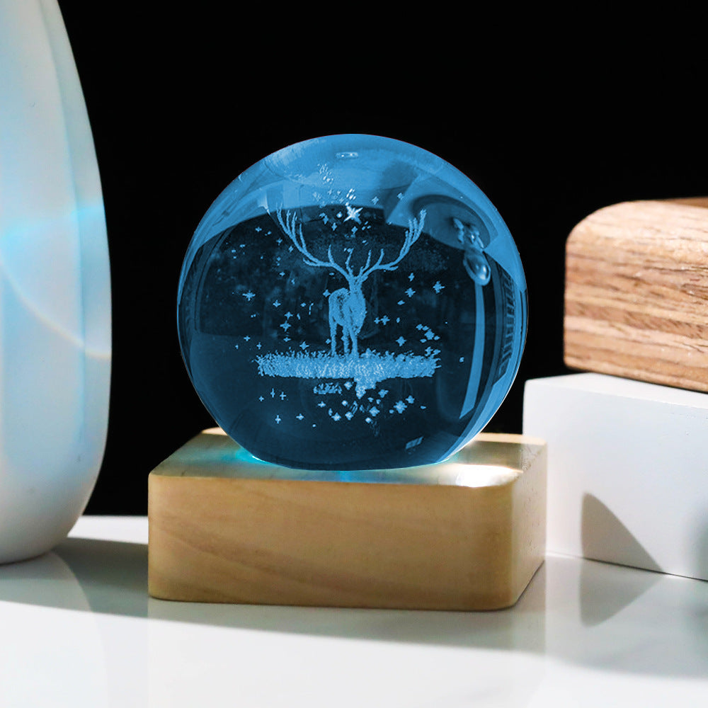 Veilleuse 3D avec boule de cristal sculptée, base carrée élégante